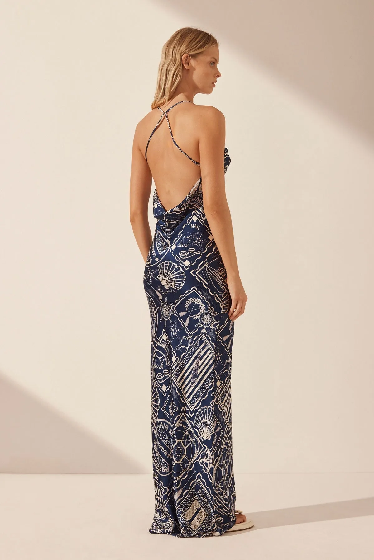 MER SILK DOUBLE COWL BIAS MAXI DRESS