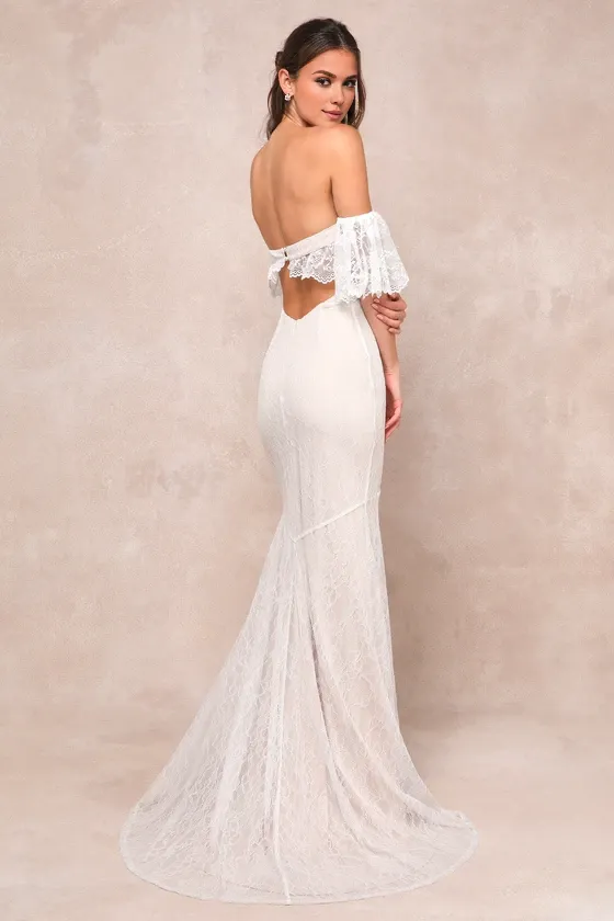 Mermaid Ivory Lace Off-the-Shoulder Maxi Dress Chapel Train Wedding Dress