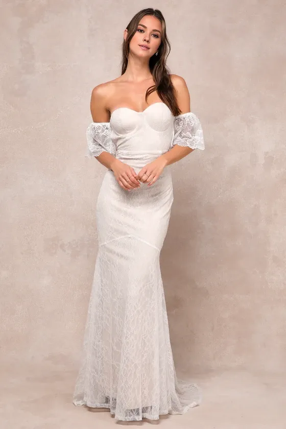 Mermaid Ivory Lace Off-the-Shoulder Maxi Dress Chapel Train Wedding Dress