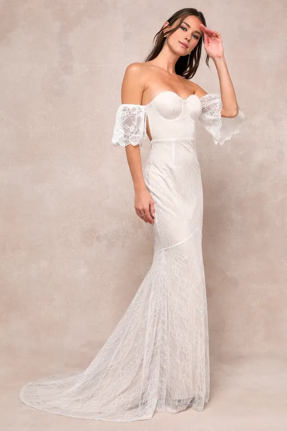 Mermaid Ivory Lace Off-the-Shoulder Maxi Dress Chapel Train Wedding Dress