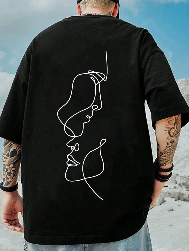 Minimalist Aesthetic Oversize One Line Art Face Printed Black Baggy Tshirt