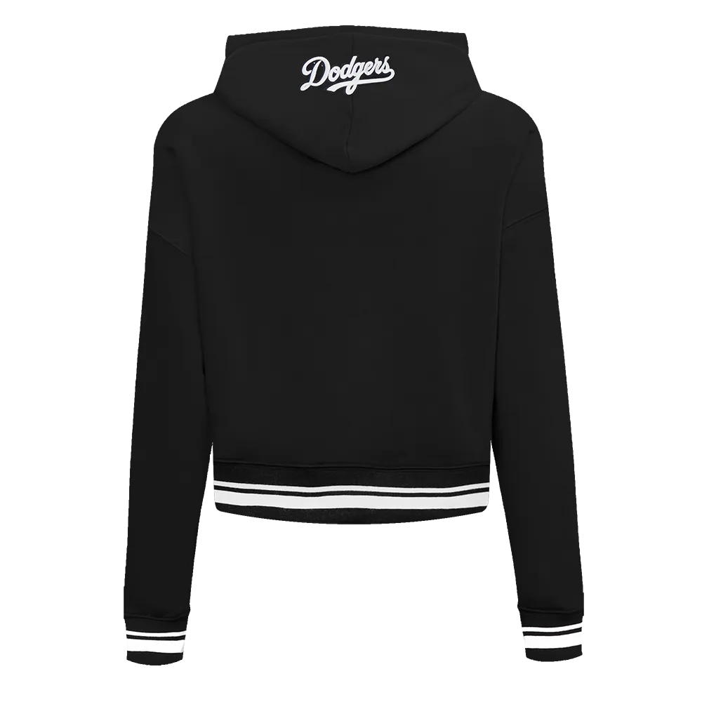 MLB LOS ANGELES DODGERS SCRIPT TAIL WOMEN'S RIB FLC CROPPED PO HOODIE (BLACK/DODGER BLUE)