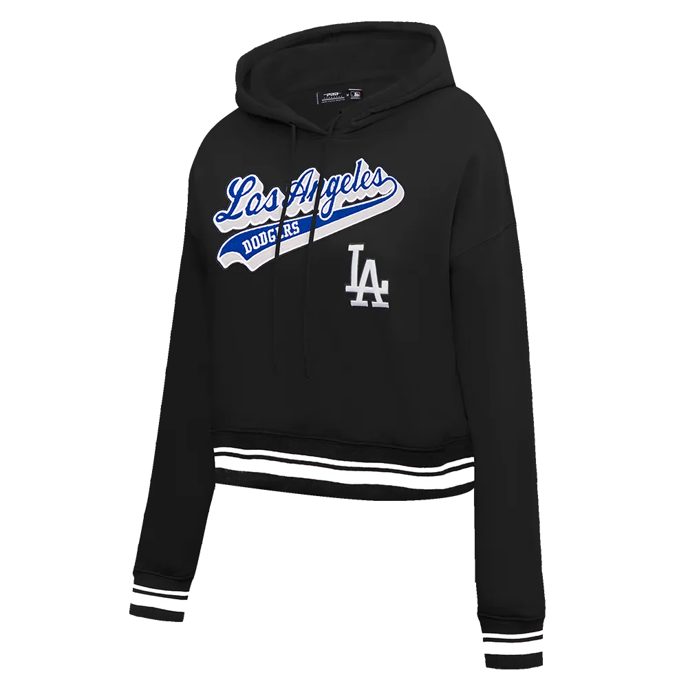 MLB LOS ANGELES DODGERS SCRIPT TAIL WOMEN'S RIB FLC CROPPED PO HOODIE (BLACK/DODGER BLUE)