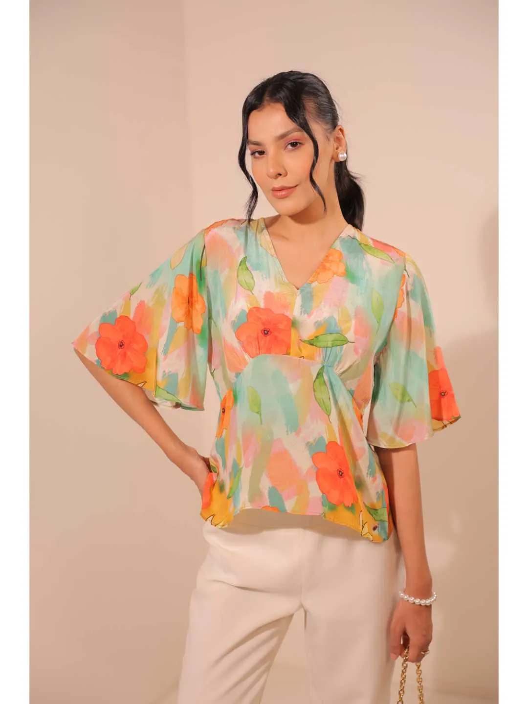 modish natural crepe abstract floral printed stylised V Neck top with bell sleeve. - Multi