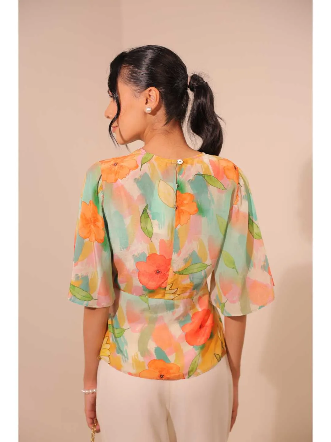 modish natural crepe abstract floral printed stylised V Neck top with bell sleeve. - Multi