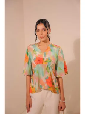 modish natural crepe abstract floral printed stylised V Neck top with bell sleeve. - Multi