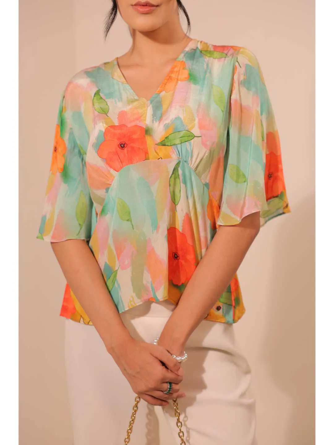 modish natural crepe abstract floral printed stylised V Neck top with bell sleeve. - Multi