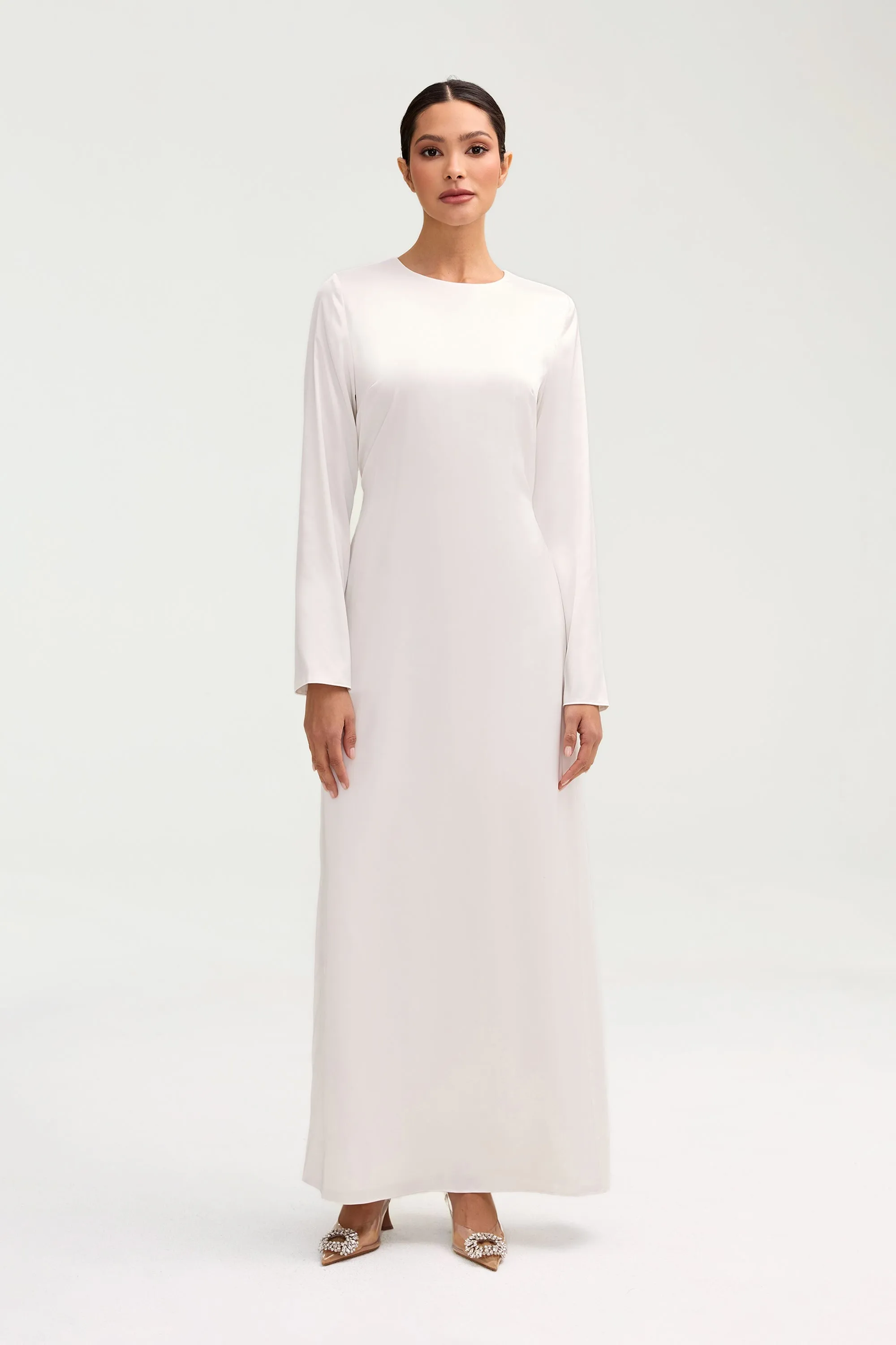 Naila Satin Crystal Maxi Dress - White