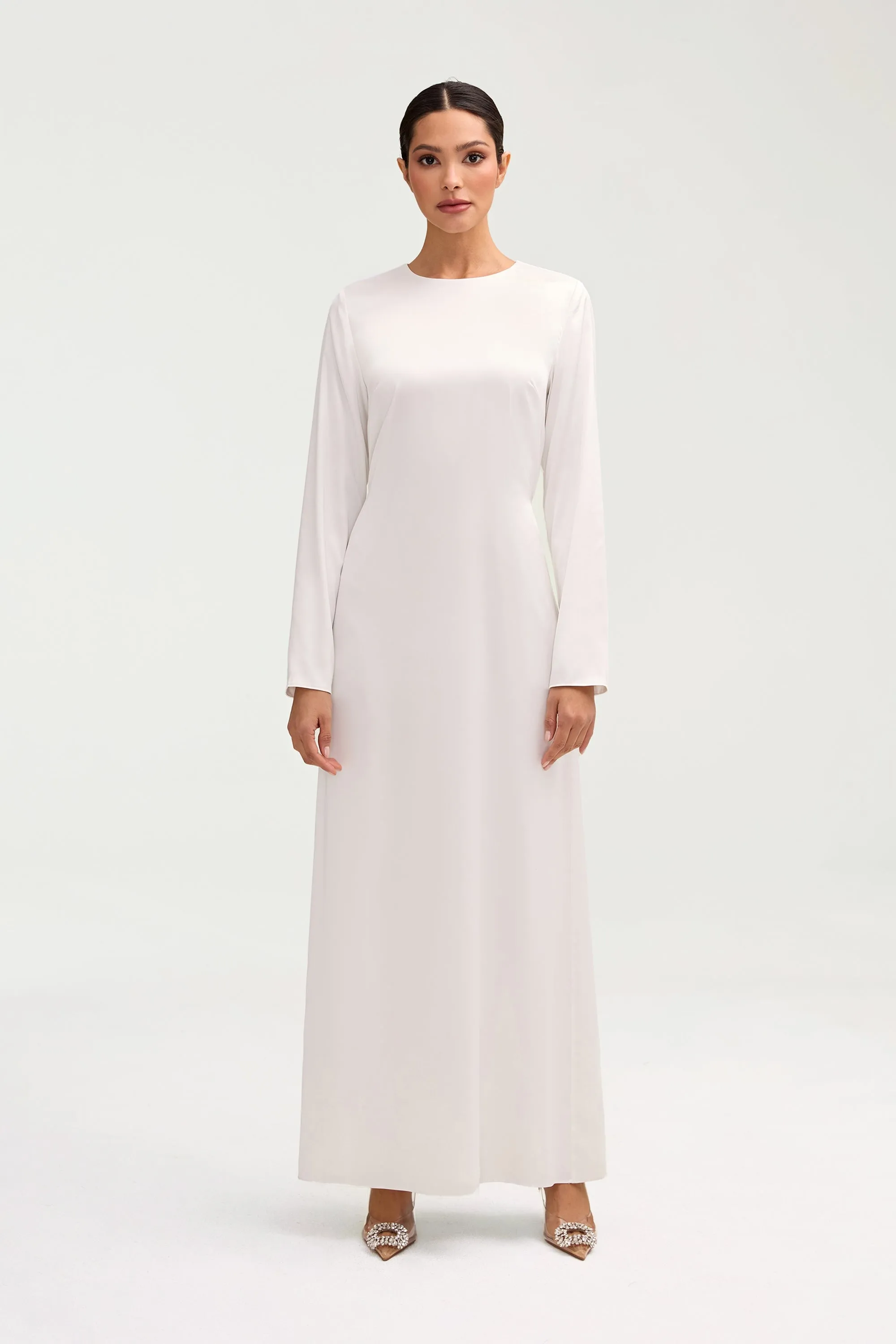 Naila Satin Crystal Maxi Dress - White