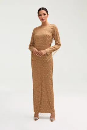 Naila Satin Crystal Mesh Maxi Dress - Champagne