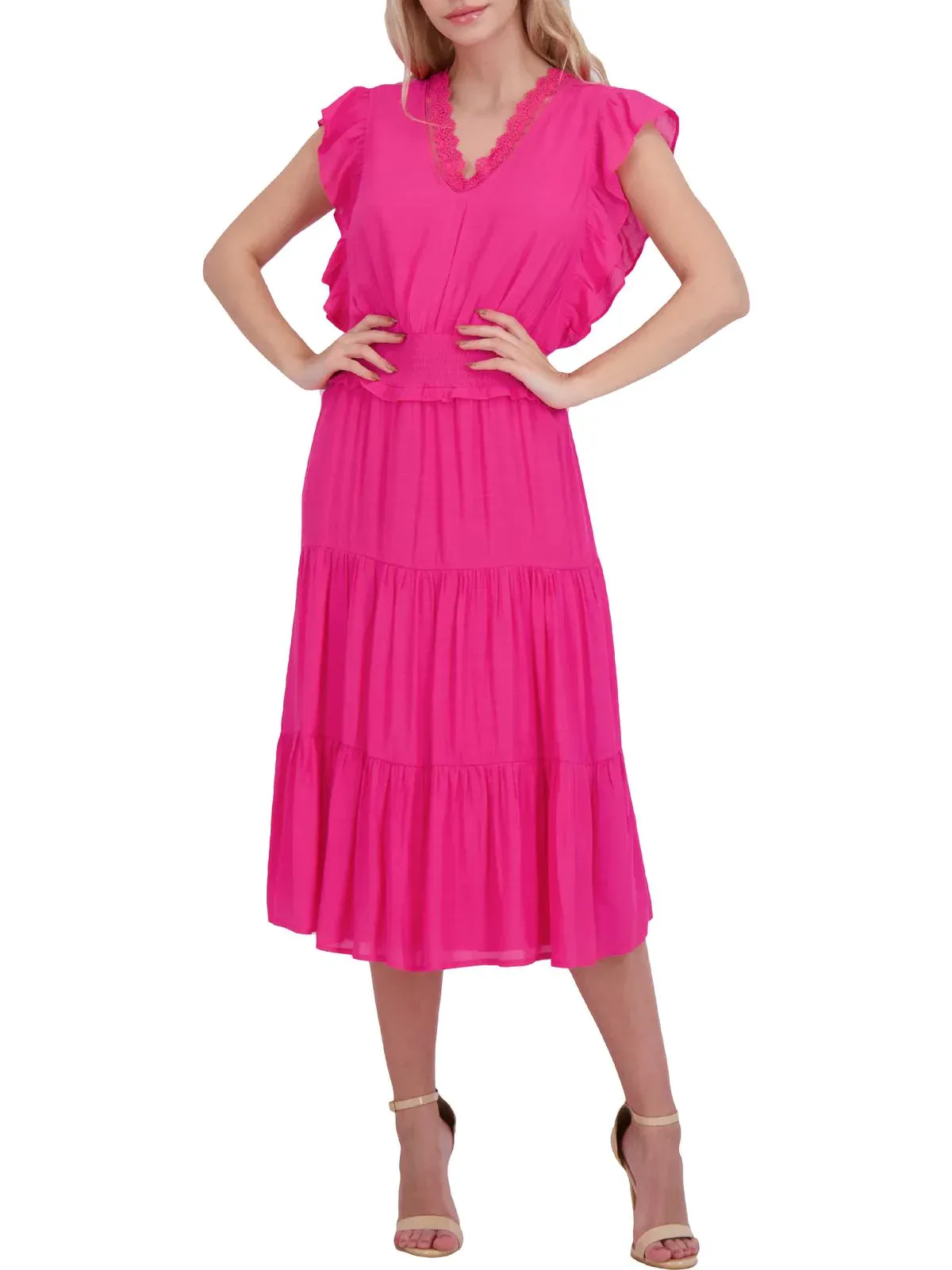 NANETTE LEPORE Women's Flutter Sleeved V Neck Maxi Dress in Fuchsia Rose Pink