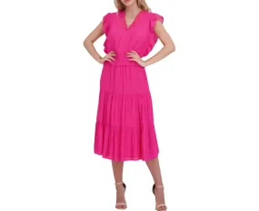 NANETTE LEPORE Women's Flutter Sleeved V Neck Maxi Dress in Fuchsia Rose Pink