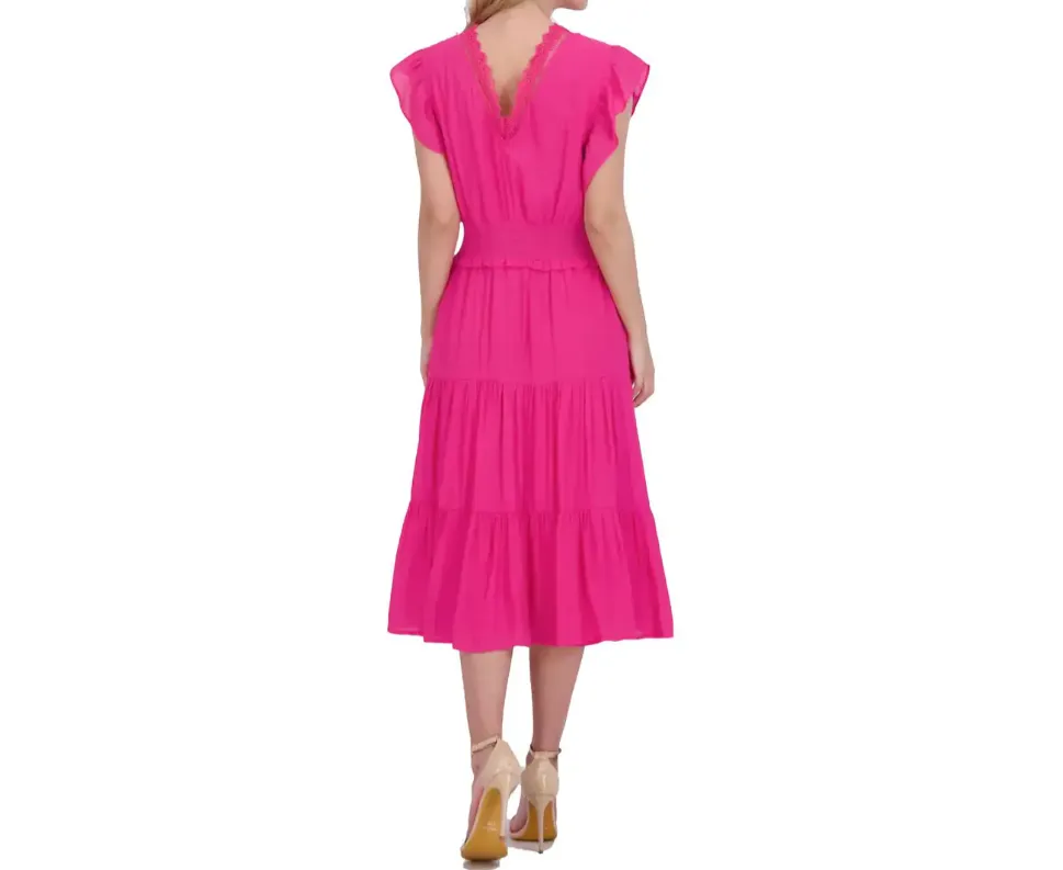 NANETTE LEPORE Women's Flutter Sleeved V Neck Maxi Dress in Fuchsia Rose Pink