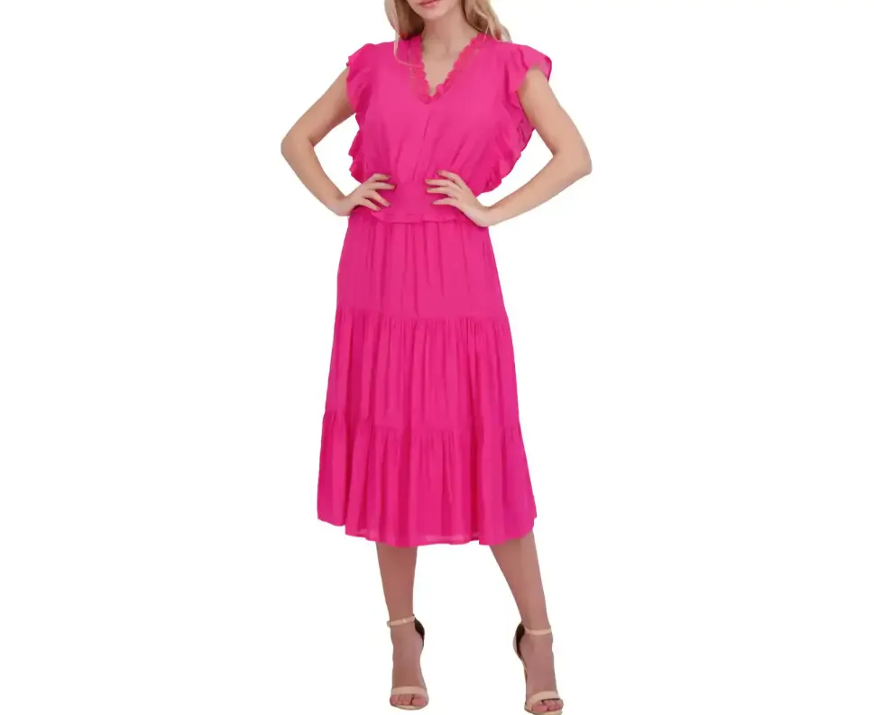 NANETTE LEPORE Women's Flutter Sleeved V Neck Maxi Dress in Fuchsia Rose Pink