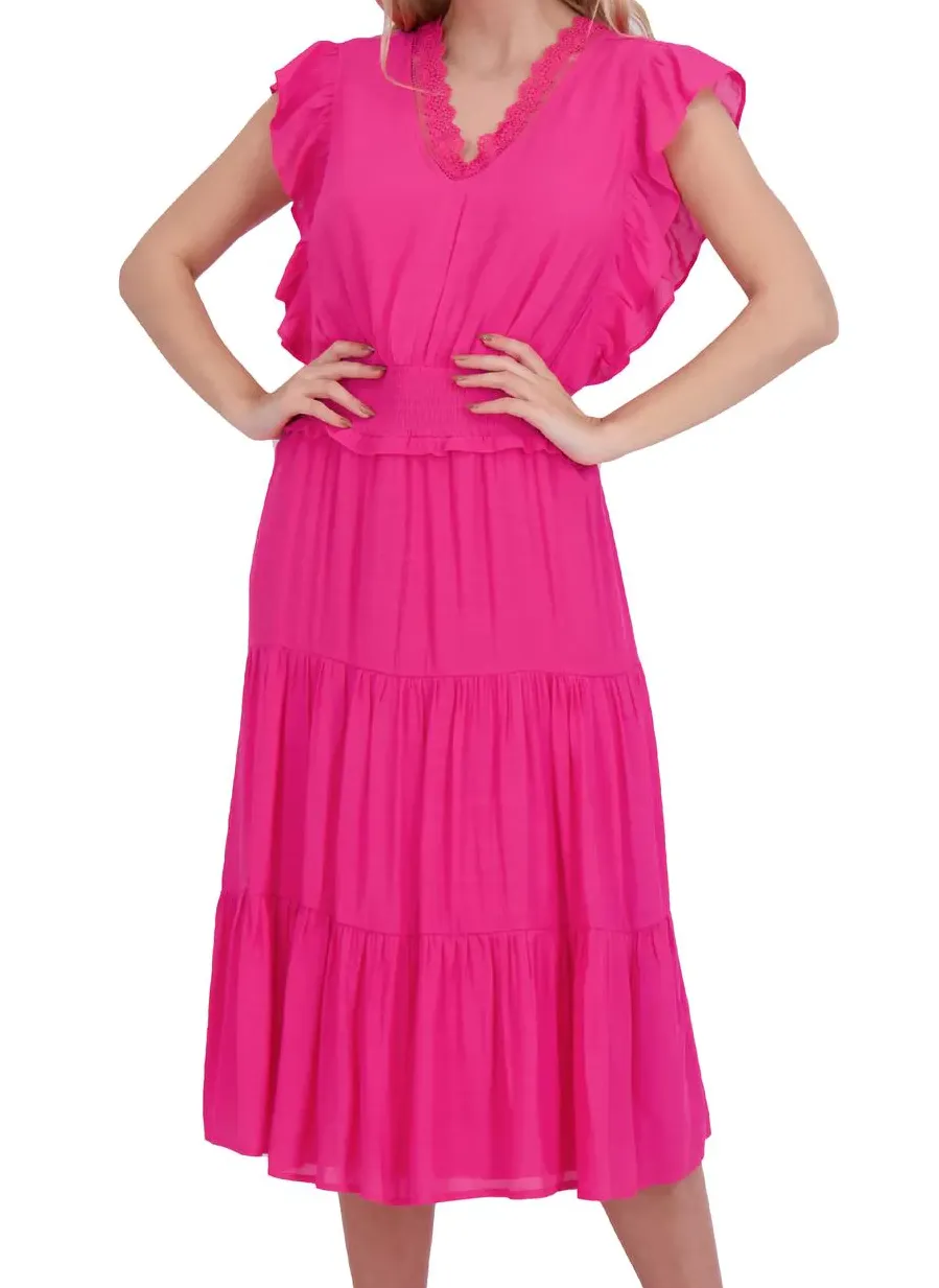 NANETTE LEPORE Women's Flutter Sleeved V Neck Maxi Dress in Fuchsia Rose Pink