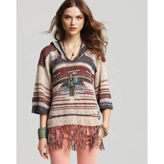 Navajo Dune Sweater With Fringe Aztec Print Hoodie Pullover Jumper In Beige Charcoal And Clay Brown Size XS