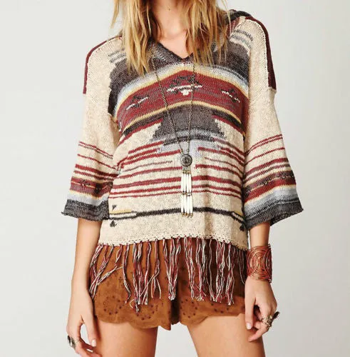 Navajo Dune Sweater With Fringe Aztec Print Hoodie Pullover Jumper In Beige Charcoal And Clay Brown Size XS