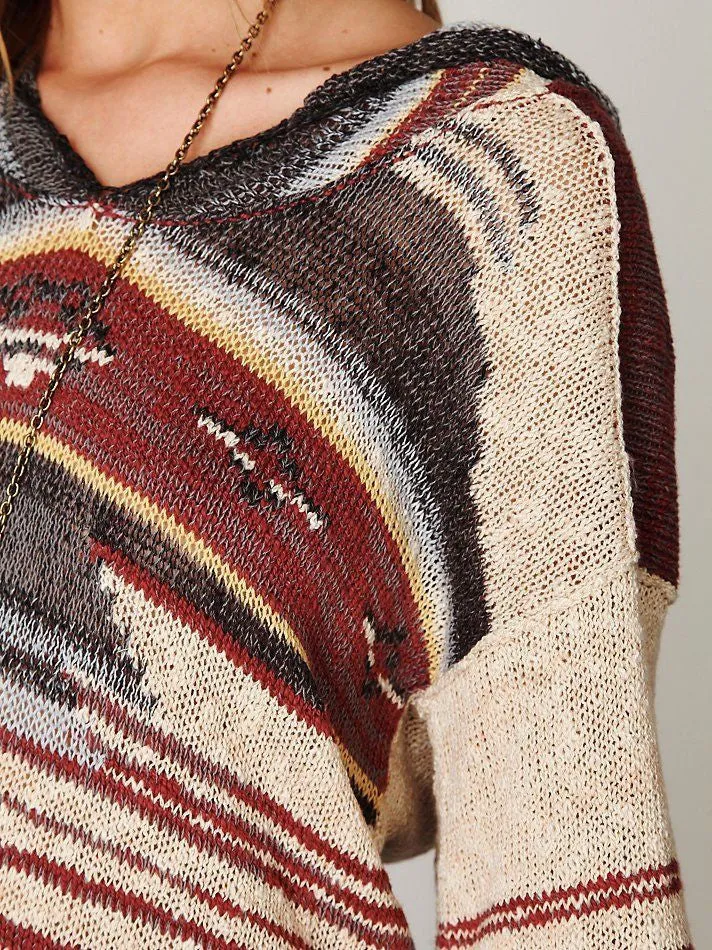 Navajo Dune Sweater With Fringe Aztec Print Hoodie Pullover Jumper In Beige Charcoal And Clay Brown Size XS