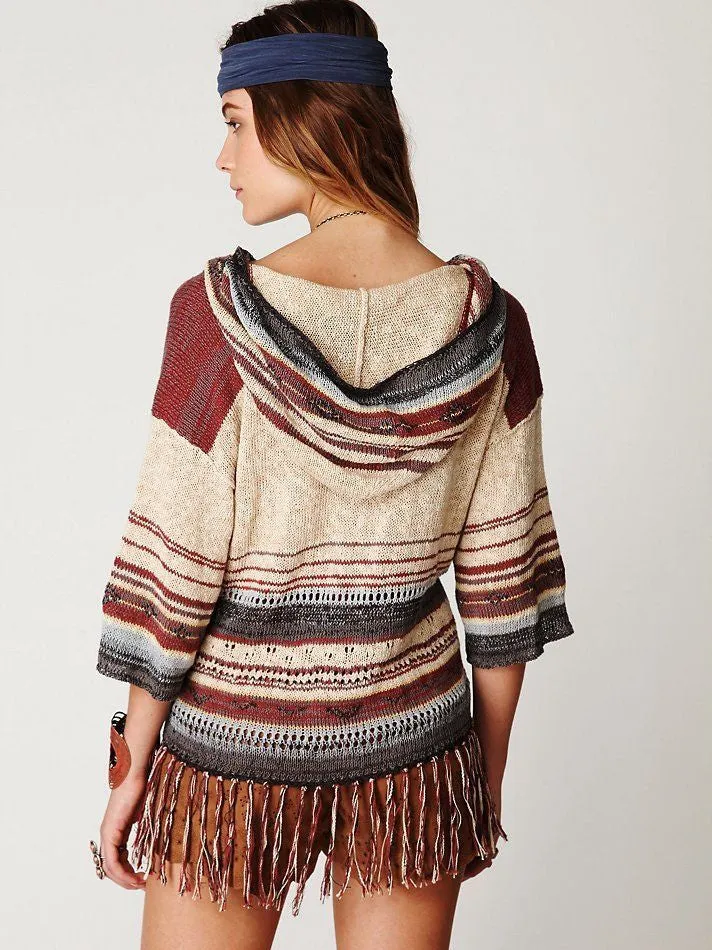 Navajo Dune Sweater With Fringe Aztec Print Hoodie Pullover Jumper In Beige Charcoal And Clay Brown Size XS