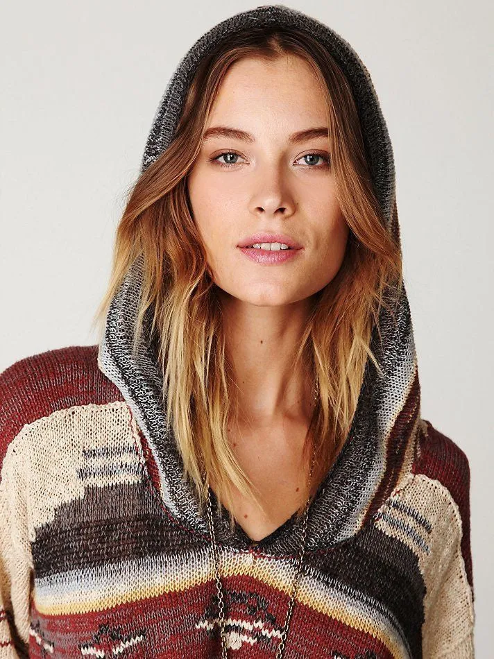 Navajo Dune Sweater With Fringe Aztec Print Hoodie Pullover Jumper In Beige Charcoal And Clay Brown Size XS