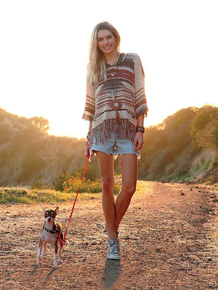 Navajo Dune Sweater With Fringe Aztec Print Hoodie Pullover Jumper In Beige Charcoal And Clay Brown Size XS