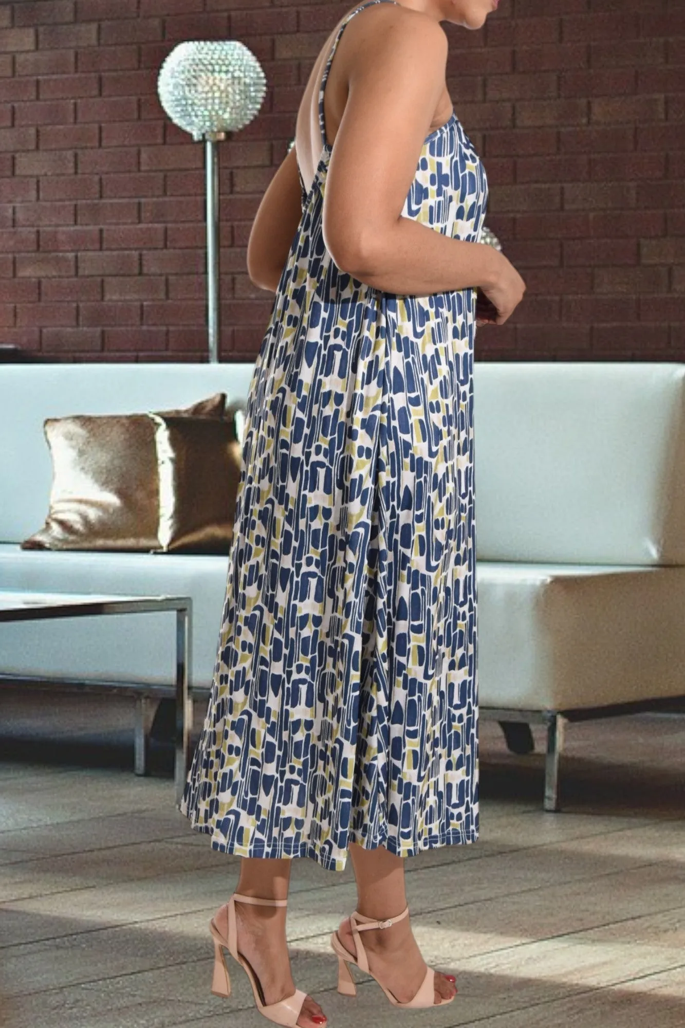 Navy And Lime Printed Strappy Maxi Dress