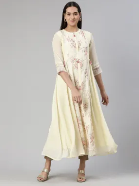 Neeru's Cream-Coloured Floral Georgette Ethnic Maxi Maxi Dress