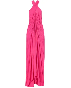 Neon Pink Pleated Halter Rio Maxi Dress