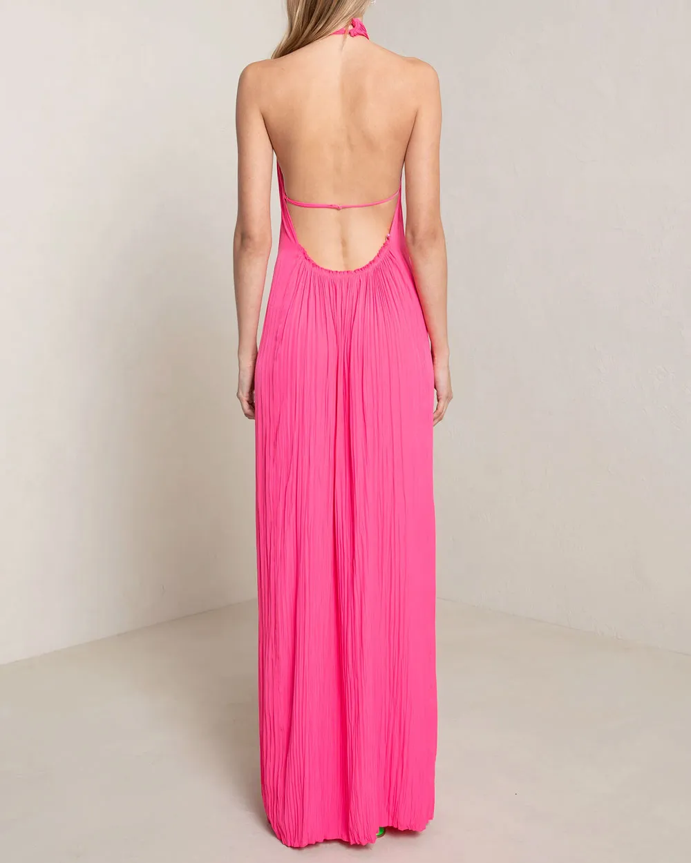 Neon Pink Pleated Halter Rio Maxi Dress