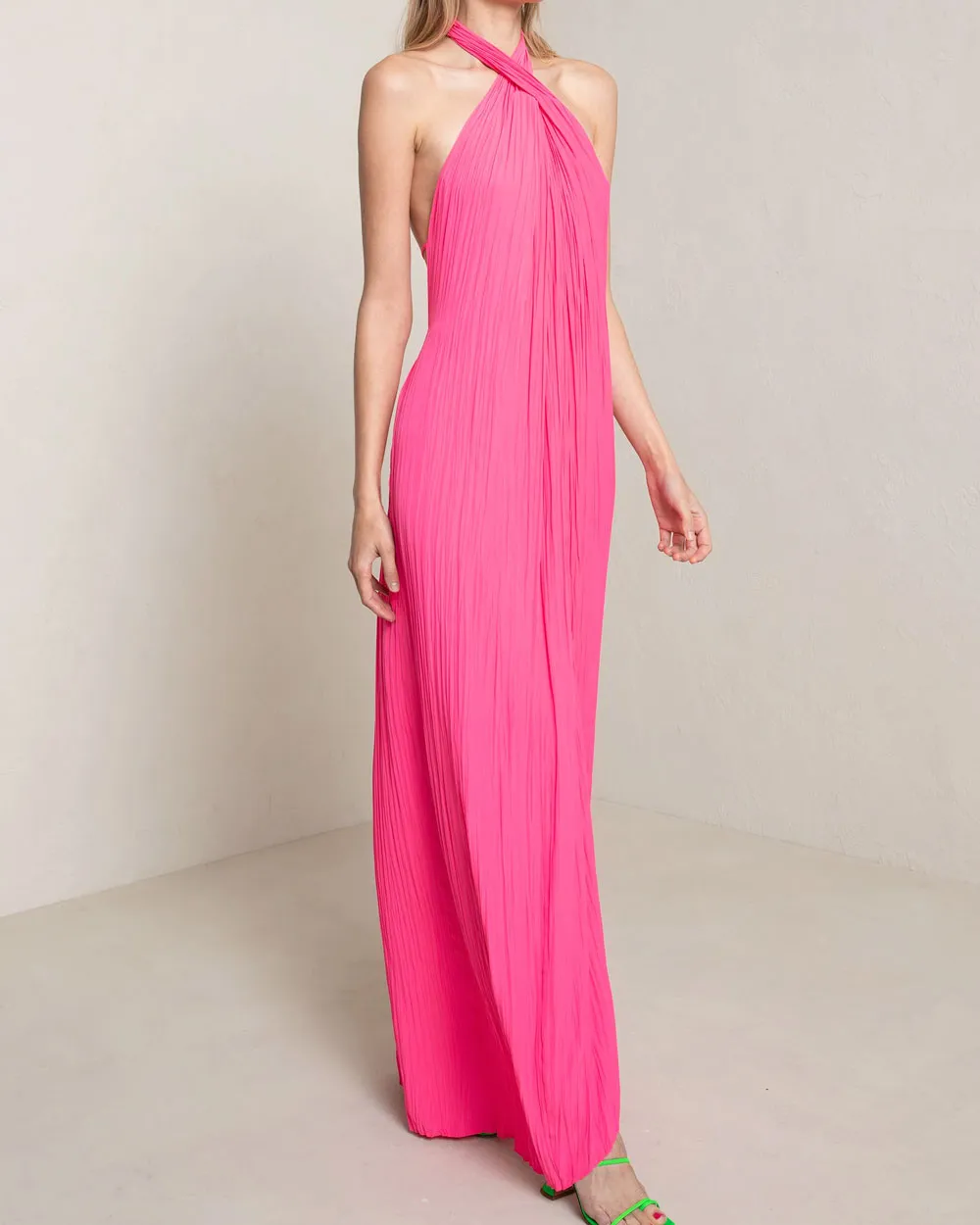 Neon Pink Pleated Halter Rio Maxi Dress