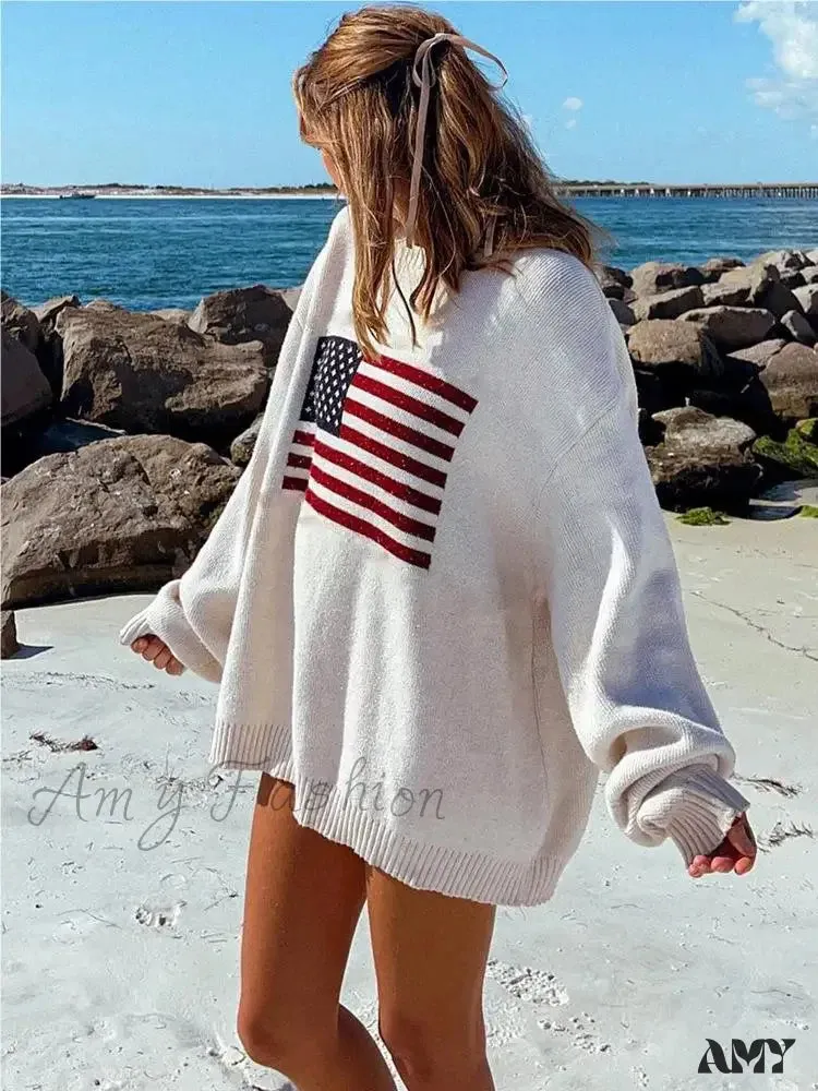 New Flag Pattern Vintage Loose Warm Long Sleeve Round Harajuku Sweater