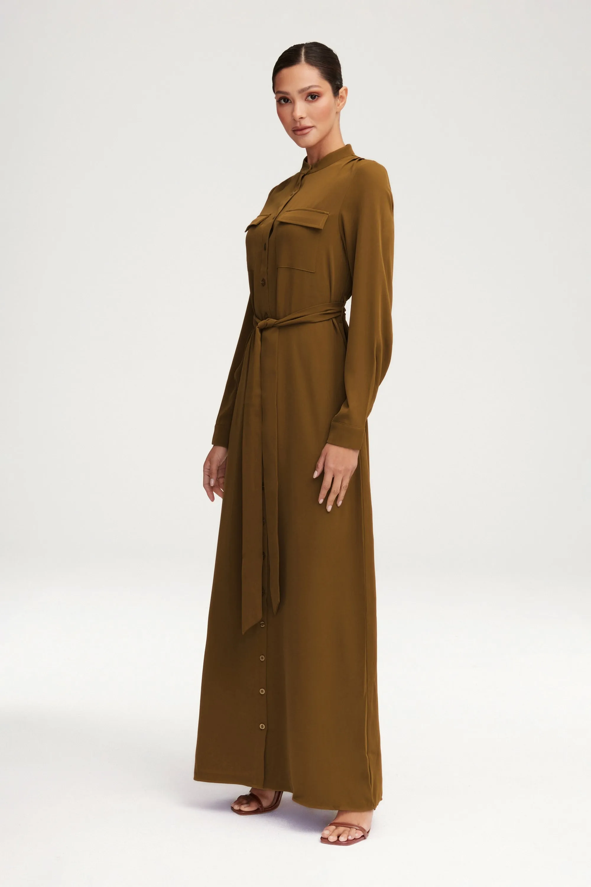 Olivia Button Down Utility Maxi Dress - Khaki Green