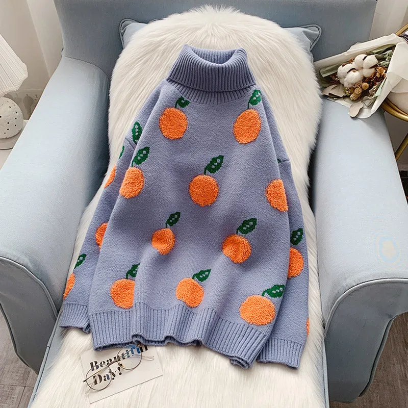 Orange Fruit Turtleneck Knit Sweater