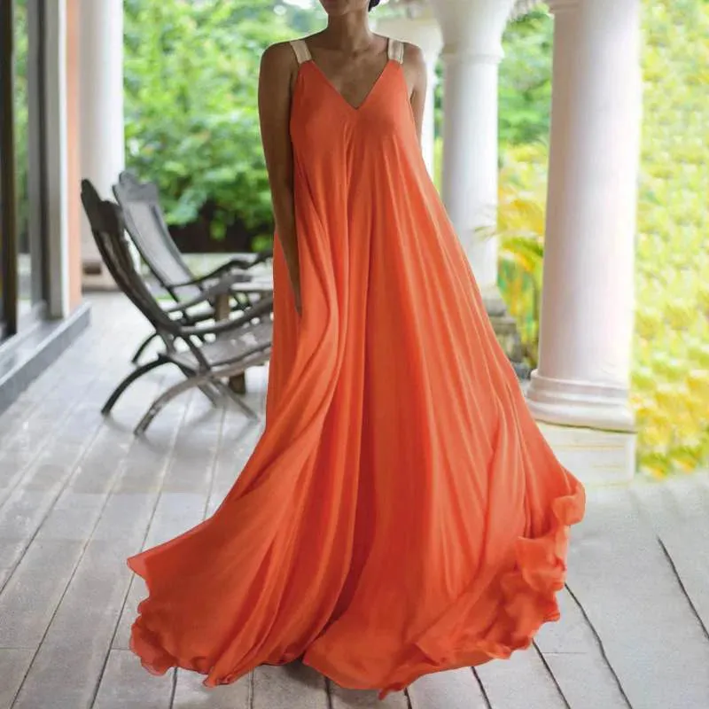 Orange Vintage Casual Loose Lace Up Boho Beach Dress Women 2024 Summer Party Wear Long Dress