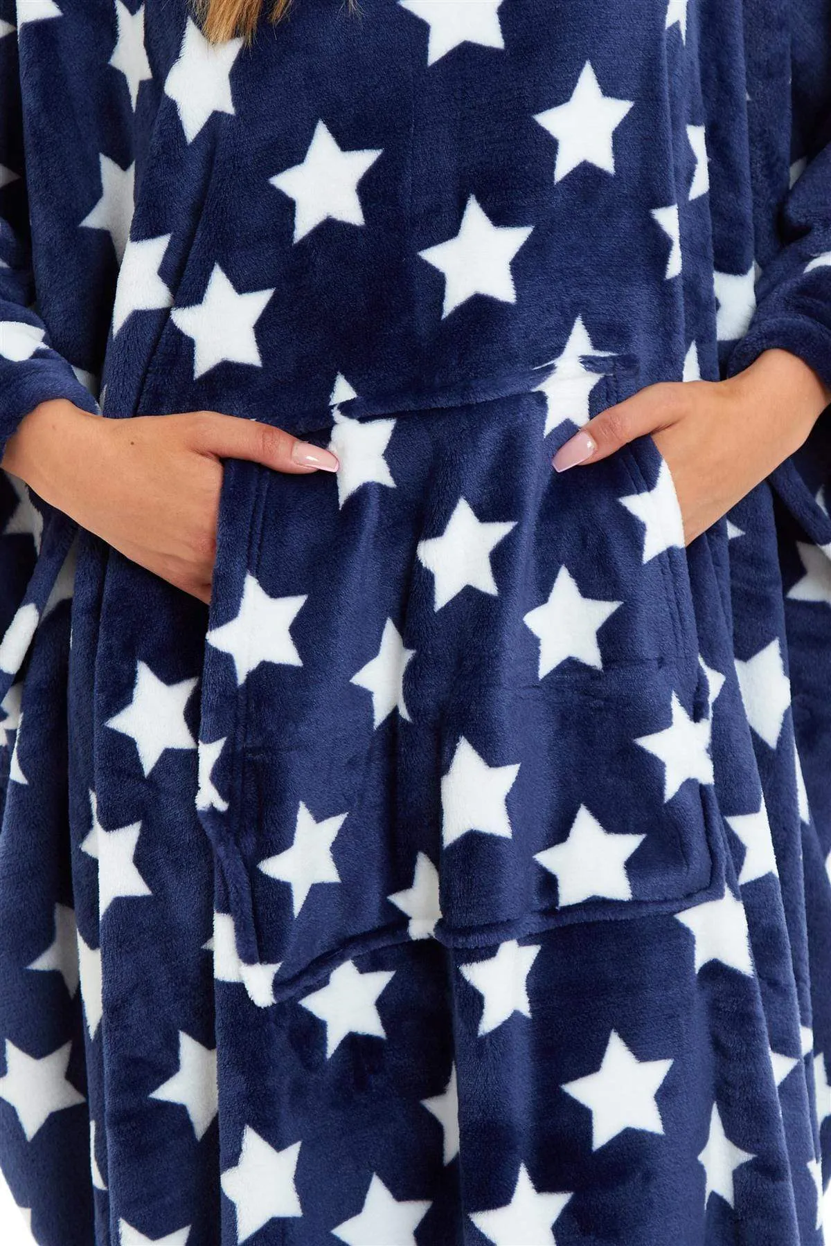 Oversized Hooded Fleece Poncho Blanket with Stars and Polka Dots Plush Wearable Blanket with Front Pocket for Adults Indoor Outdoor by Daisy Dreamer