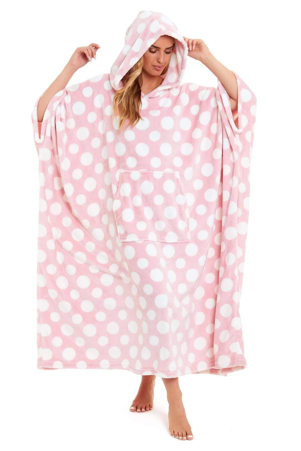 Oversized Hooded Fleece Poncho Blanket with Stars and Polka Dots Plush Wearable Blanket with Front Pocket for Adults Indoor Outdoor by Daisy Dreamer