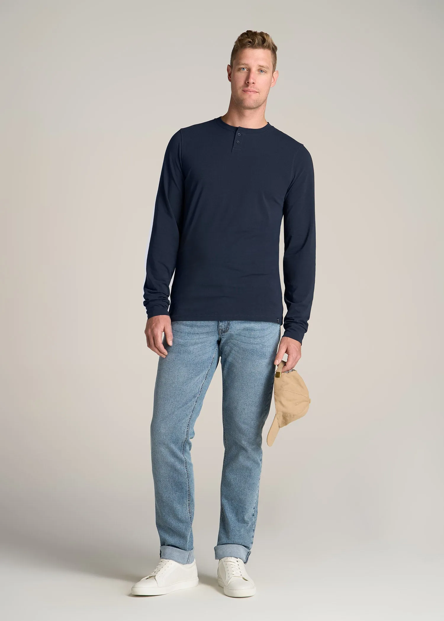 Pima Stretch Knit Henley Shirt for Tall Men in Evening Blue