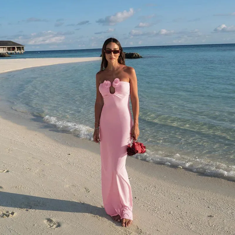 Pink 3D Floral-applique Charming Strapless Maxi Dress