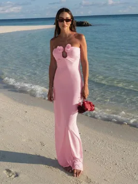 Pink 3D Floral-applique Charming Strapless Maxi Dress