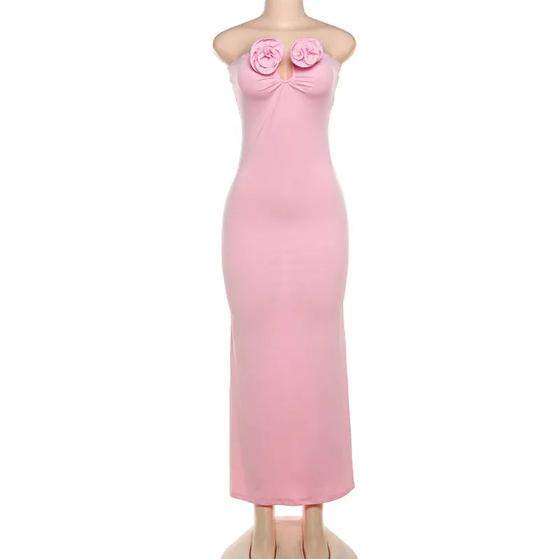 Pink 3D Floral-applique Charming Strapless Maxi Dress