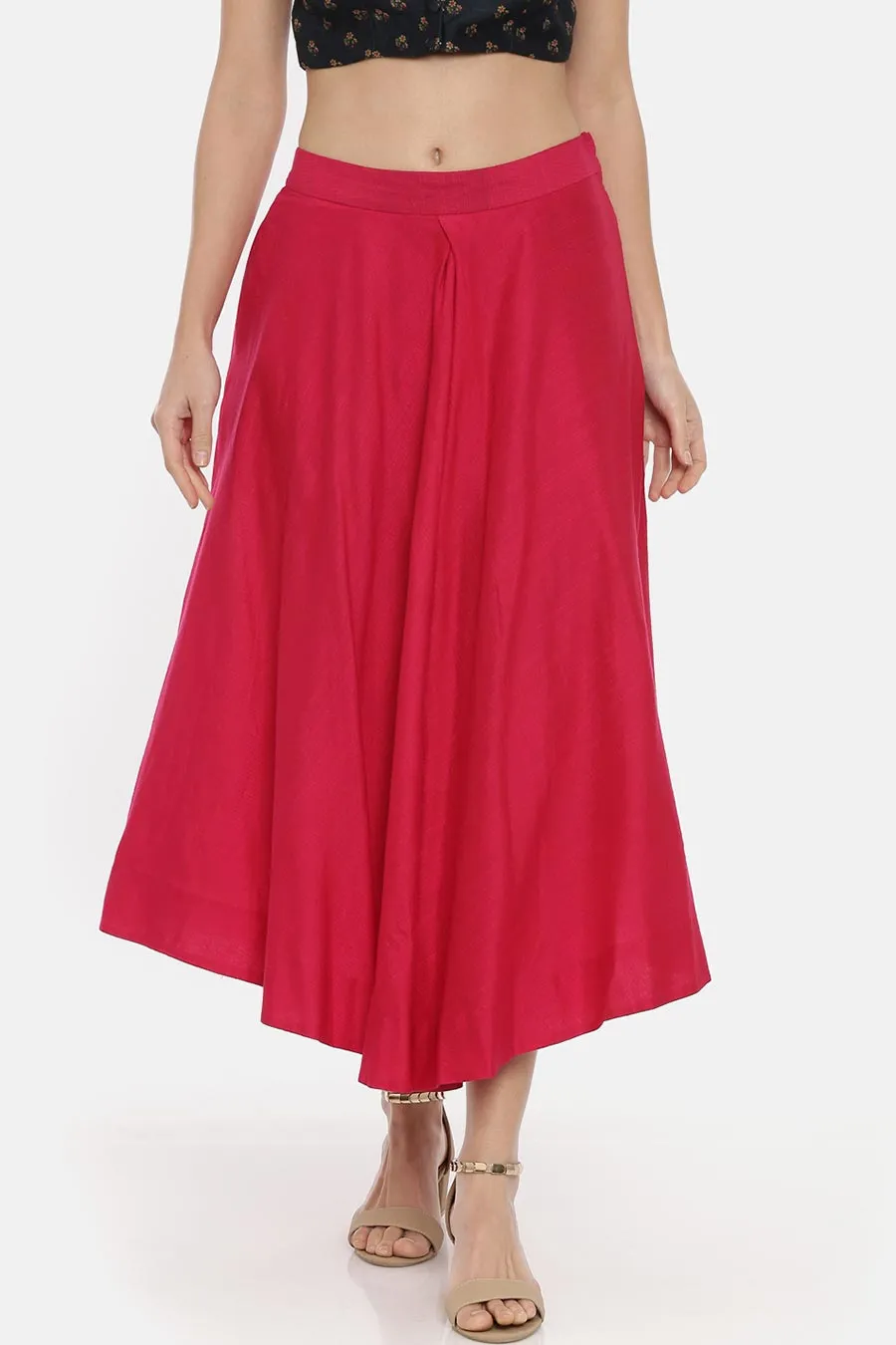 Pink Silk Cotton Pleated Skirt