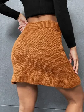 Plain Ruffle Hem Natural Short Women Sweater Skirt