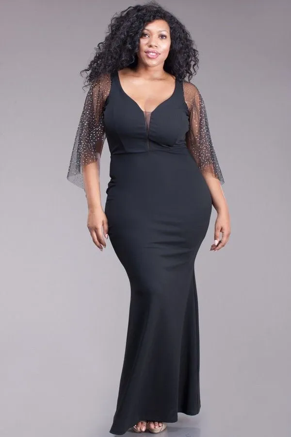 Plus Dress Maxi Gown Mermaid Black See Thru Mesh Sleeve Glitter Sexy Hourglass