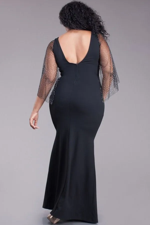 Plus Dress Maxi Gown Mermaid Black See Thru Mesh Sleeve Glitter Sexy Hourglass