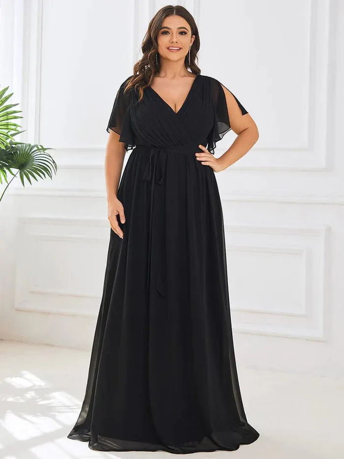 Plus Size Floor-Length Chiffon Evening Dress V-Neck Maxi