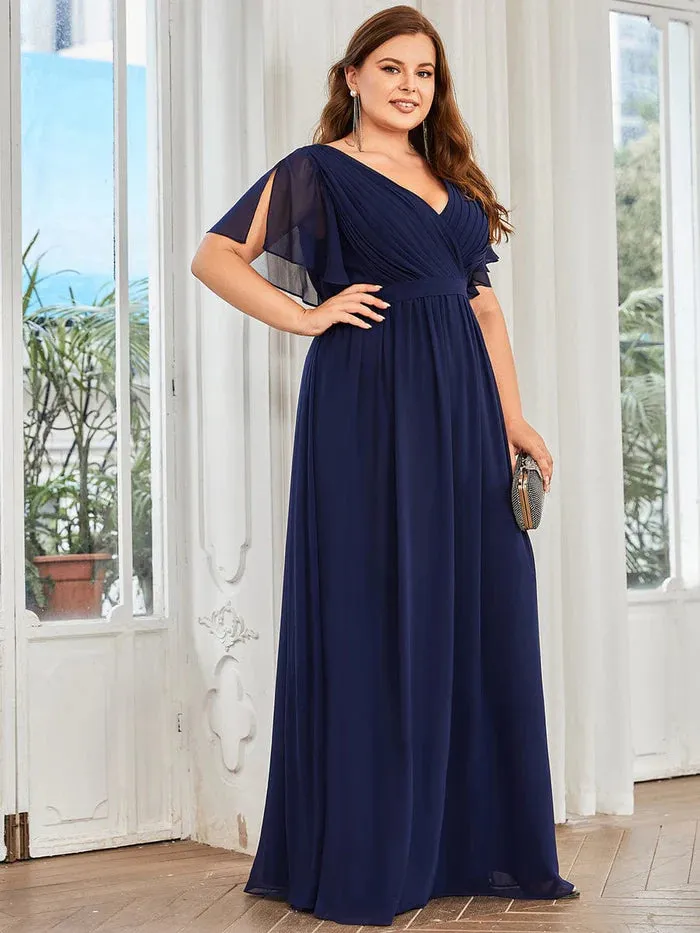 Plus Size Floor-Length Chiffon Evening Dress V-Neck Maxi