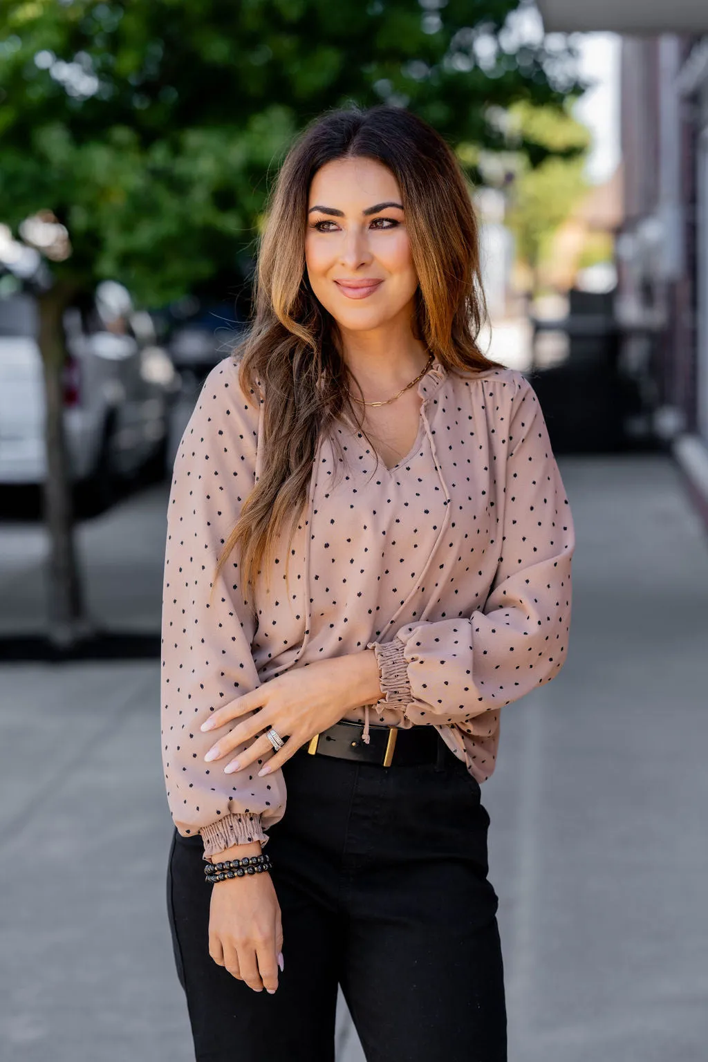 Polka Dottie Cinched Trim Blouse