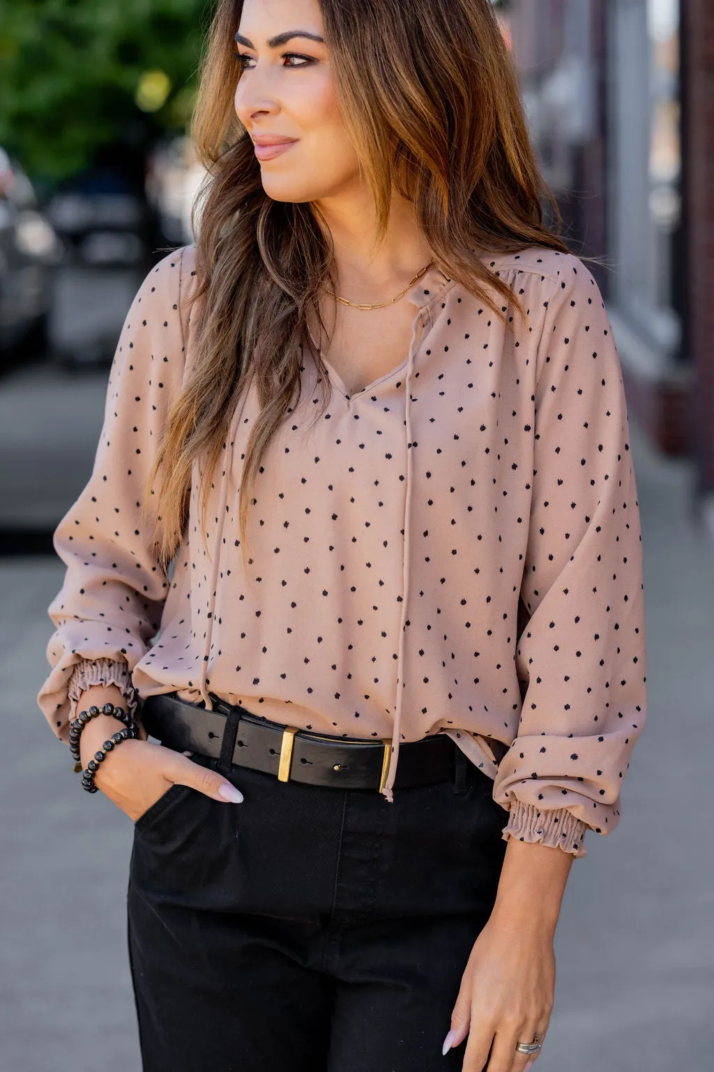 Polka Dottie Cinched Trim Blouse