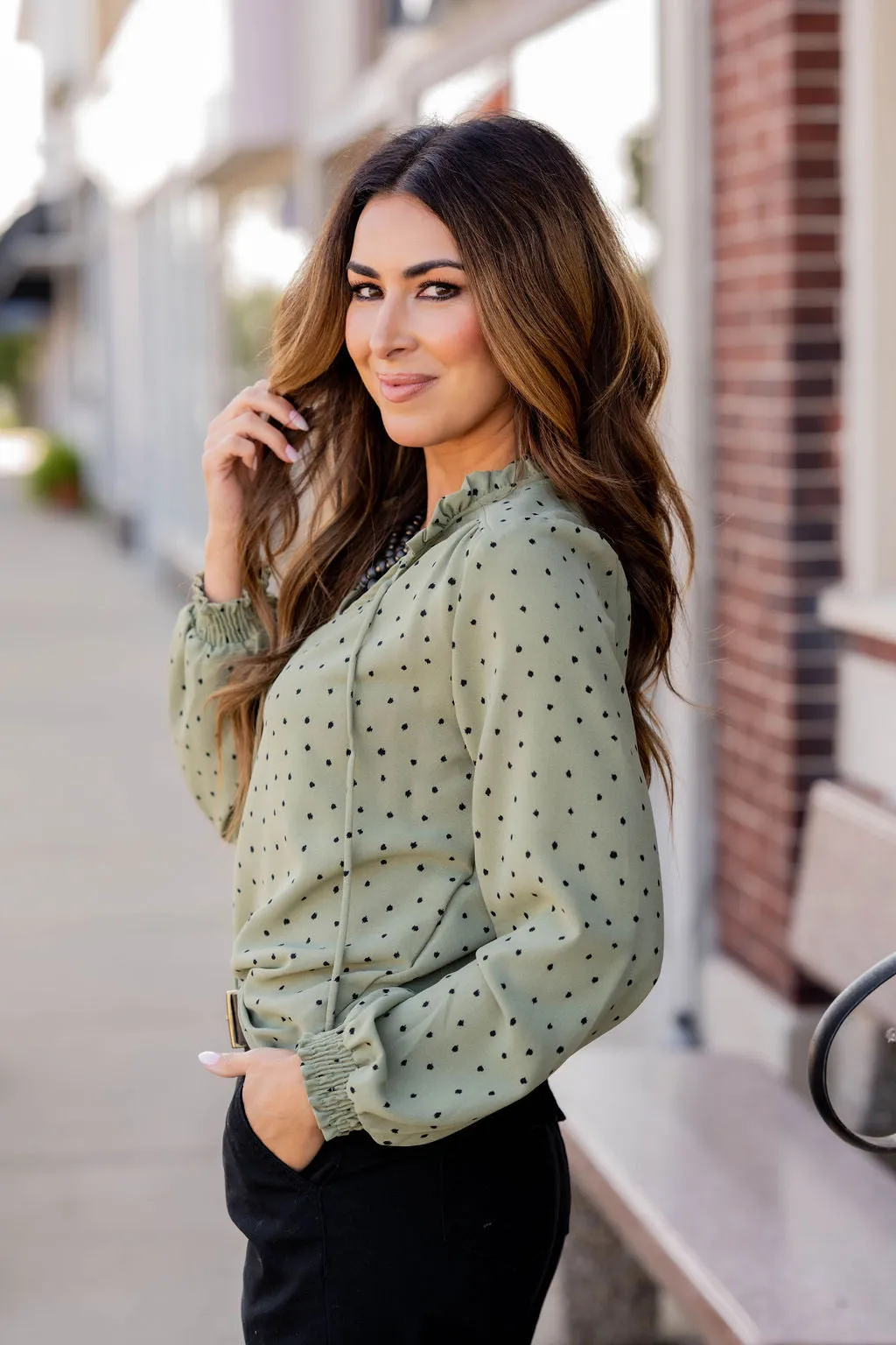 Polka Dottie Cinched Trim Blouse