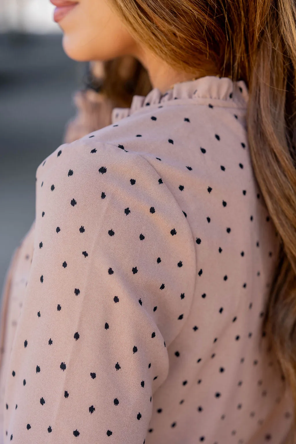 Polka Dottie Cinched Trim Blouse